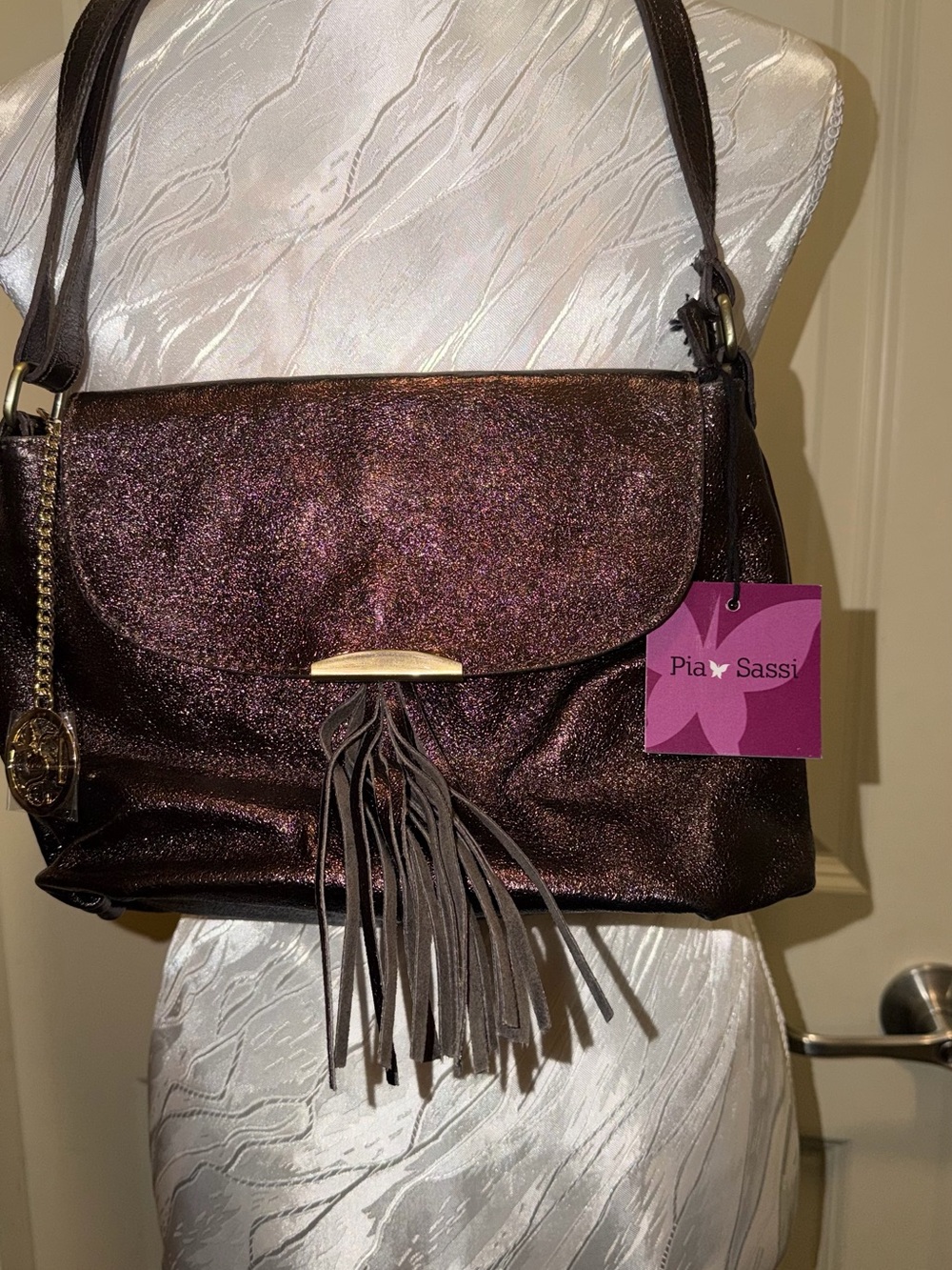 Pia Sassy Metallic Brown Italian Leather Crossbody Bag with Tassel